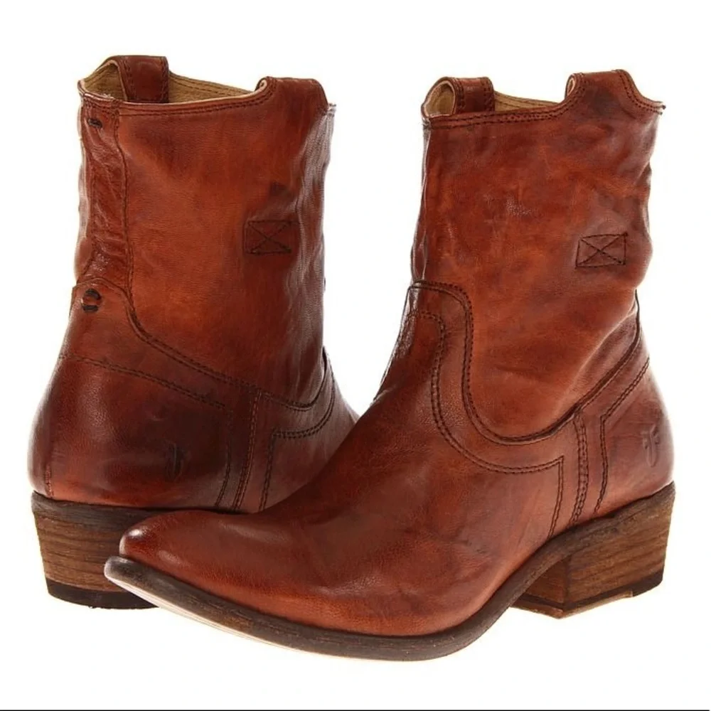 Frye Carson Tab Short Vintage Cognac Southern/Western Pull On Cowboy Ankle Boots - Picture 1 of 5